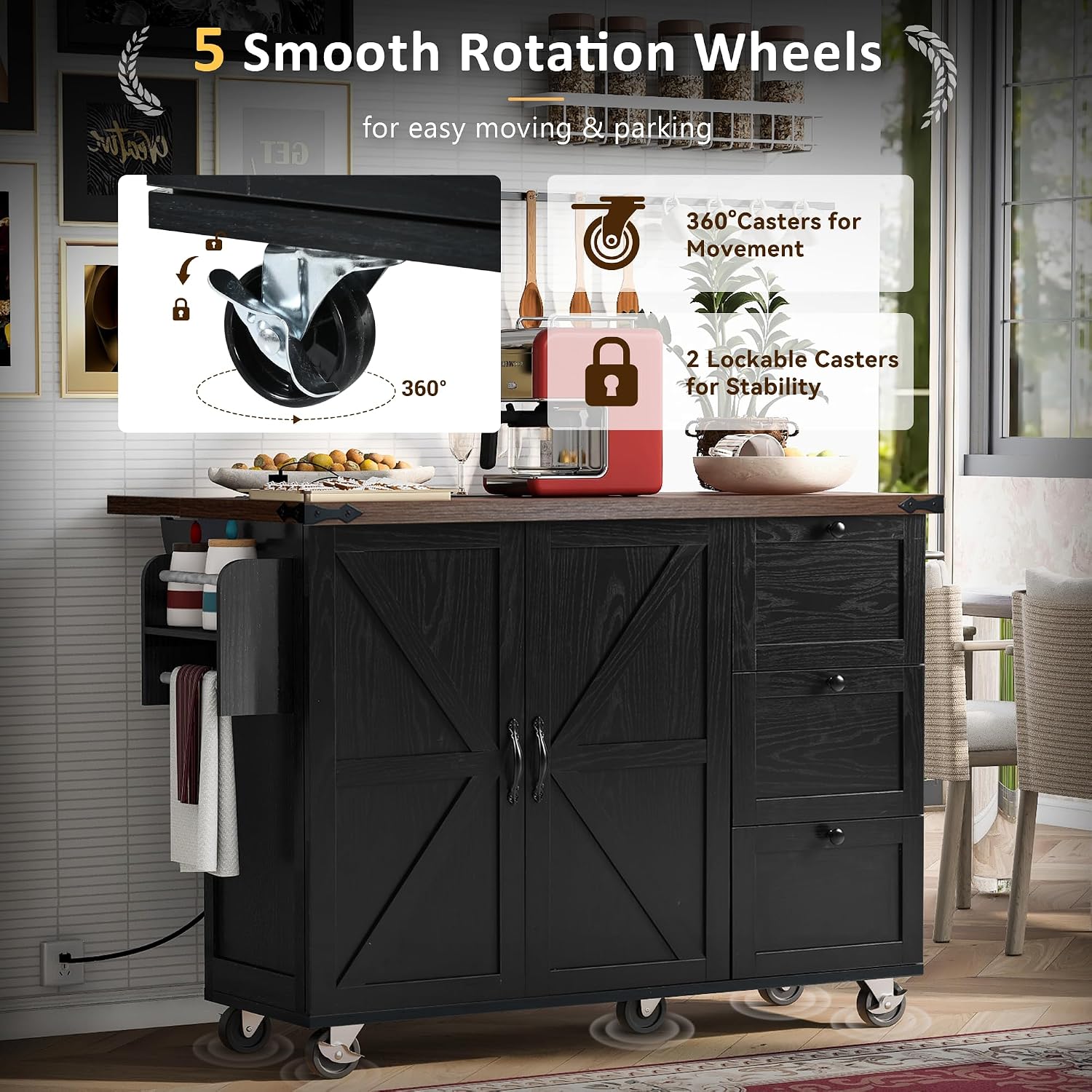 54.5' Farmhouse Mobile Kitchen Island with Power Outlet, Drop Leaf, Spice Rack and Drawer - Rolling Kitchen Cart with Ample Storage, Rustic Storage Islands for Home and Dining Room
