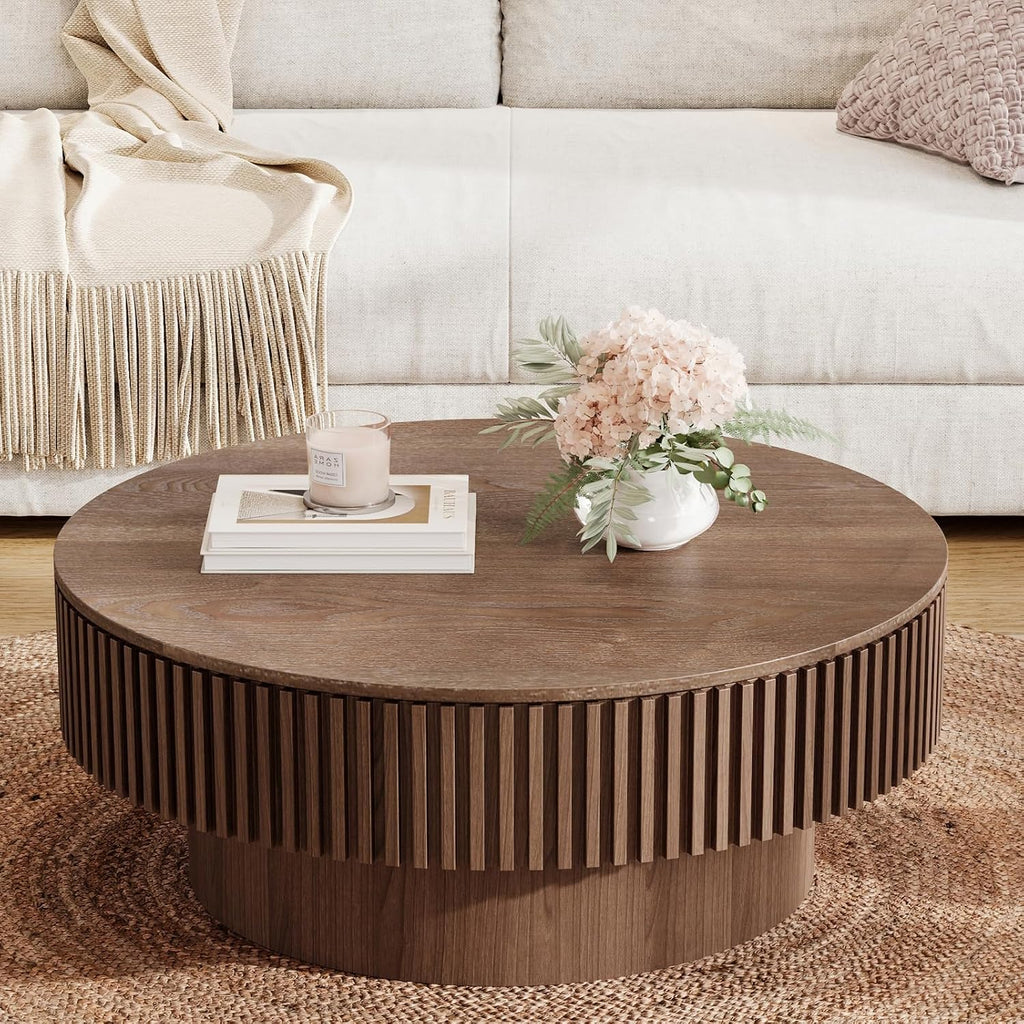 31.5'' Round Coffee Table with Storage, Modern Luxury Circle Drum Center Tables with Solid Wood Veneered, Accent Side Coffee Table for Living Room, Bedroom, Apartment-Walnut