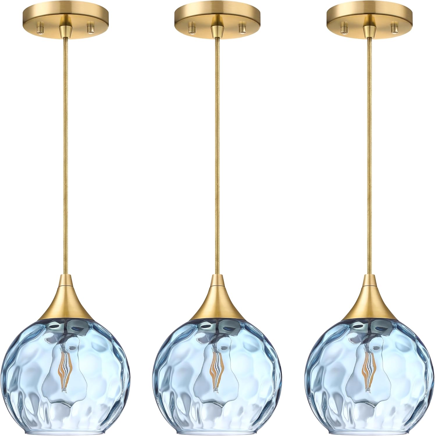 6.3' Texture Blue Glass Pendant Light 3 Pack Pendant Ceiling Light Fixture Gold Finish Modern Farmhouse Dinning Over Sink Adjustable Height Cord