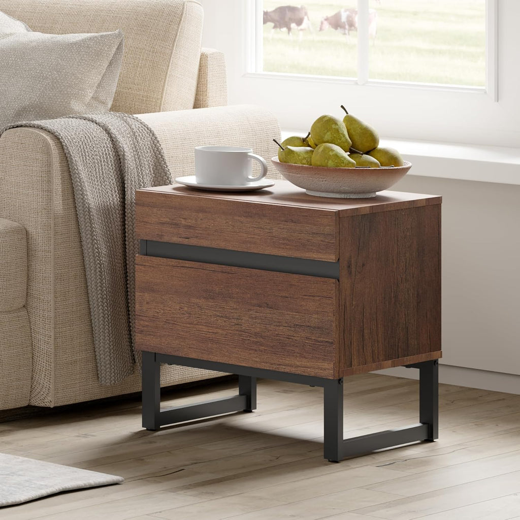 WAMPAT 2 Pack Modern End Table with 2 Drawers, Farmhouse Sofa Table with Black Square Iron Leg, Wood Rustic Side Table for Living Room, Nightstand for Bedroom, Brown, 17.7''L x 15.5''W x 19.8''H