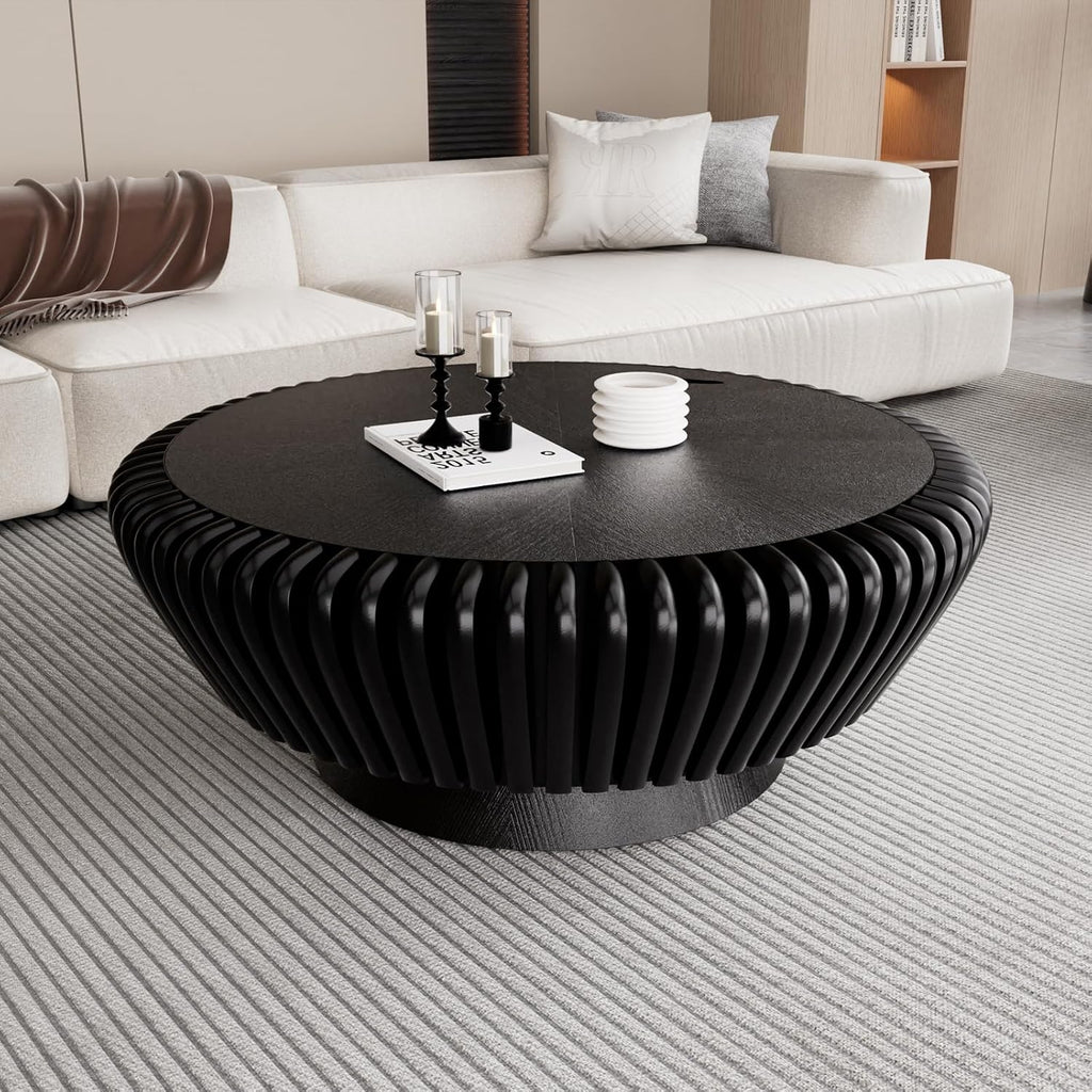 Round Coffee Table with Storage, Mid Century Modern Drum Coffee Table for Living Room, Fluted Circle Center Table with Sturdy Pedestal, Accent Tea Table for Apartment (35.4' Black with Storage)