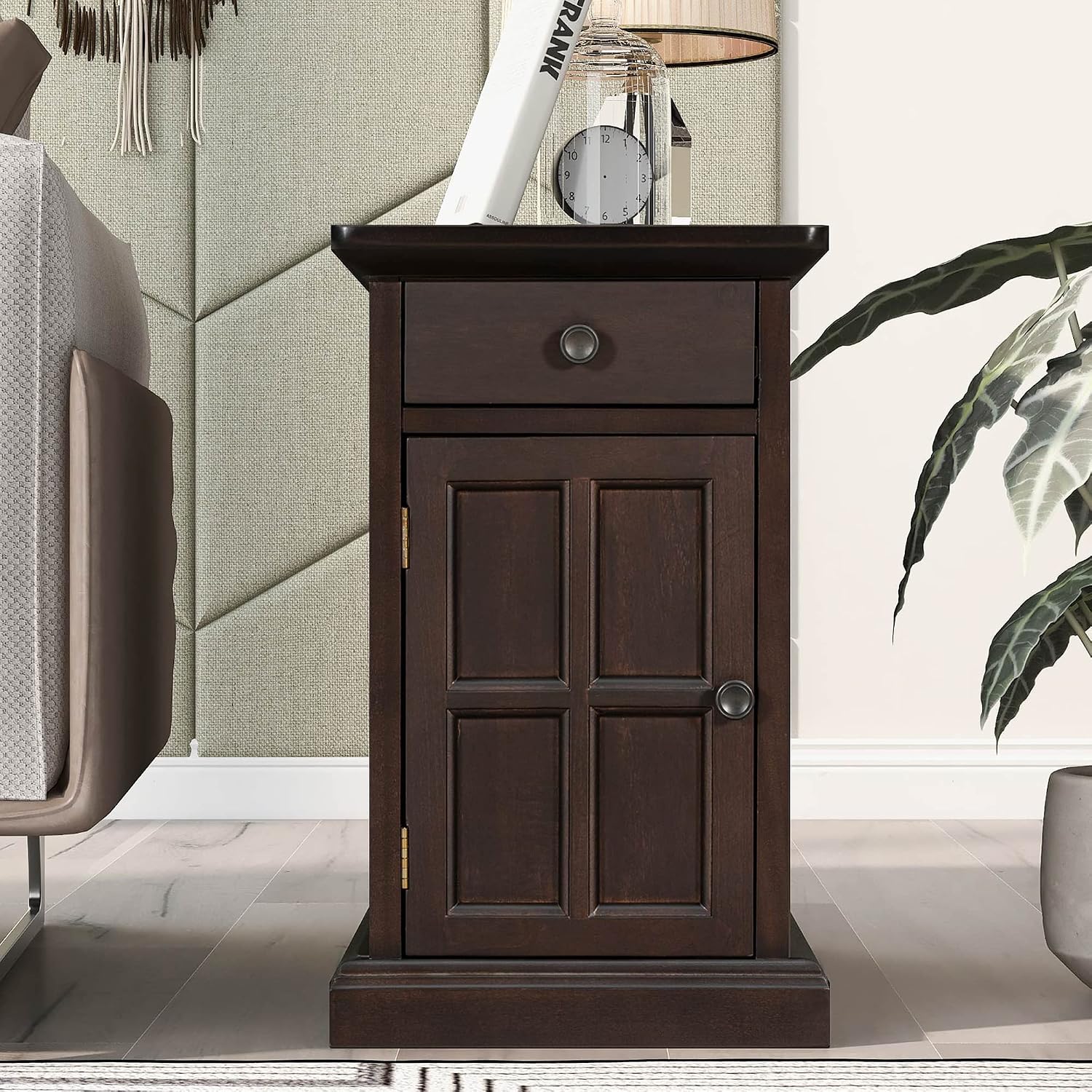 Traditional Wood End Table with Charging Station, Modern Vintage Sofa Chair Side Table Nightstand with Storage & Drawer for Living Room Bedroom, No Assembly, Antique Espresso