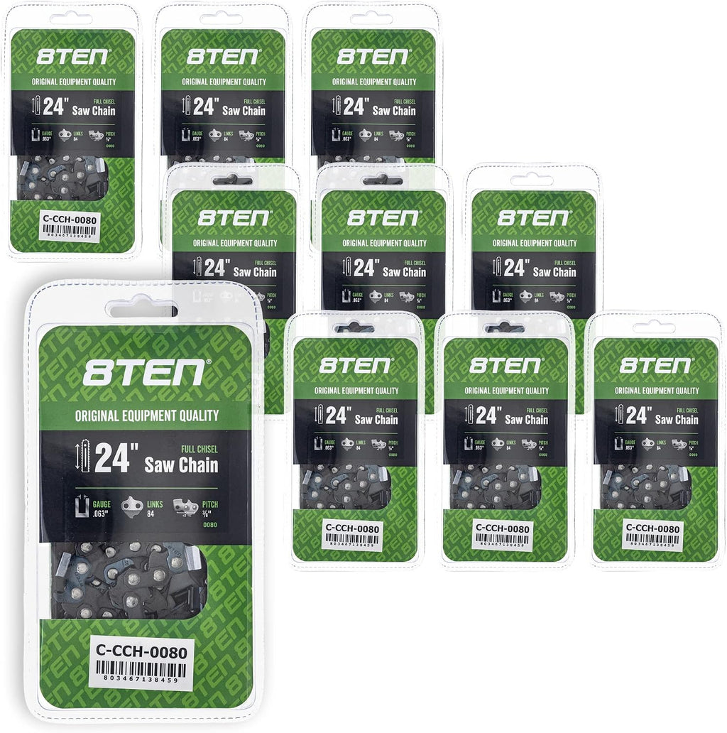 8TEN Full Chisel Chainsaw Chain 24 Inch .063 3/8 84DL For Husqvarna 372XP Jonsered 2165 Makita DCS6401 (10 Pack)