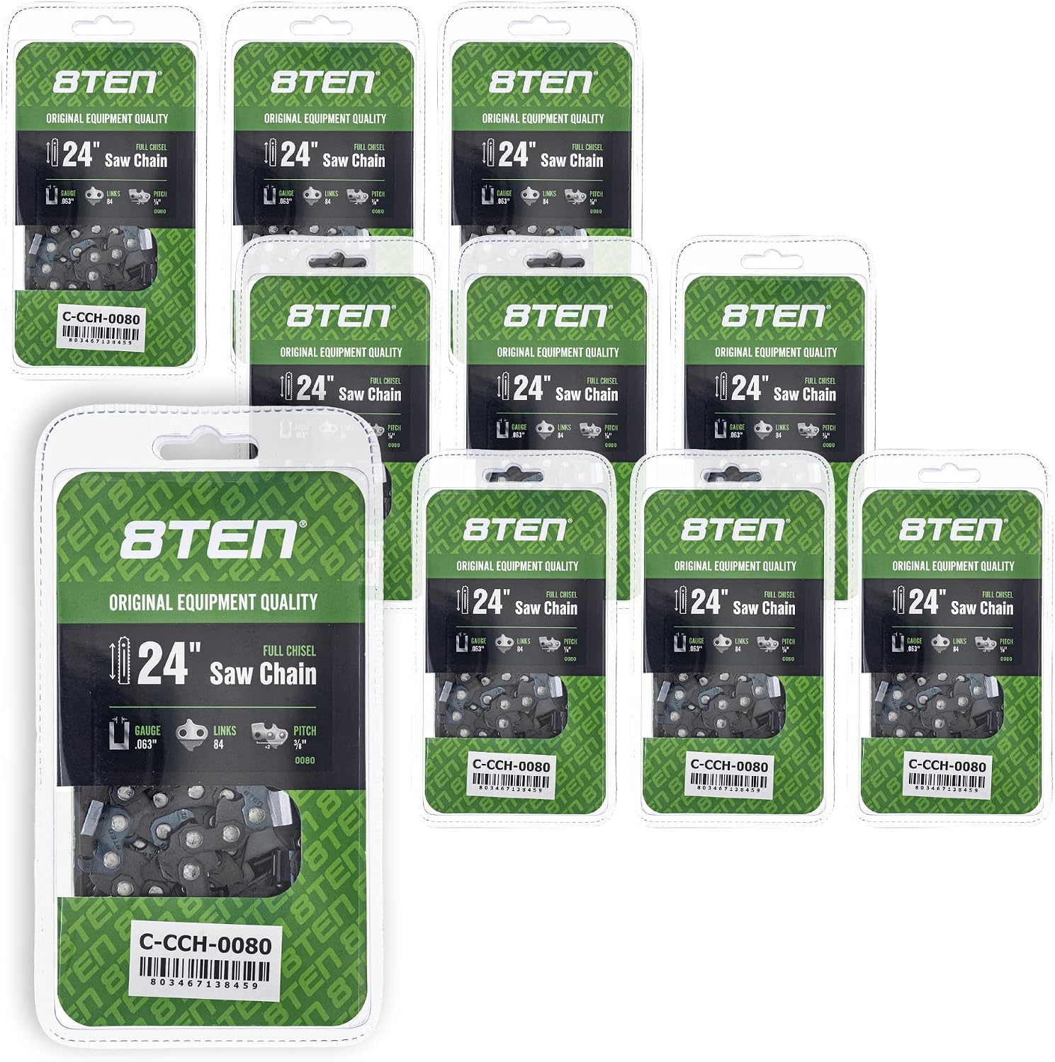 8TEN Full Chisel Chainsaw Chain 24 Inch .063 3/8 84DL For Husqvarna 372XP Jonsered 2165 Makita DCS6401 (10 Pack)