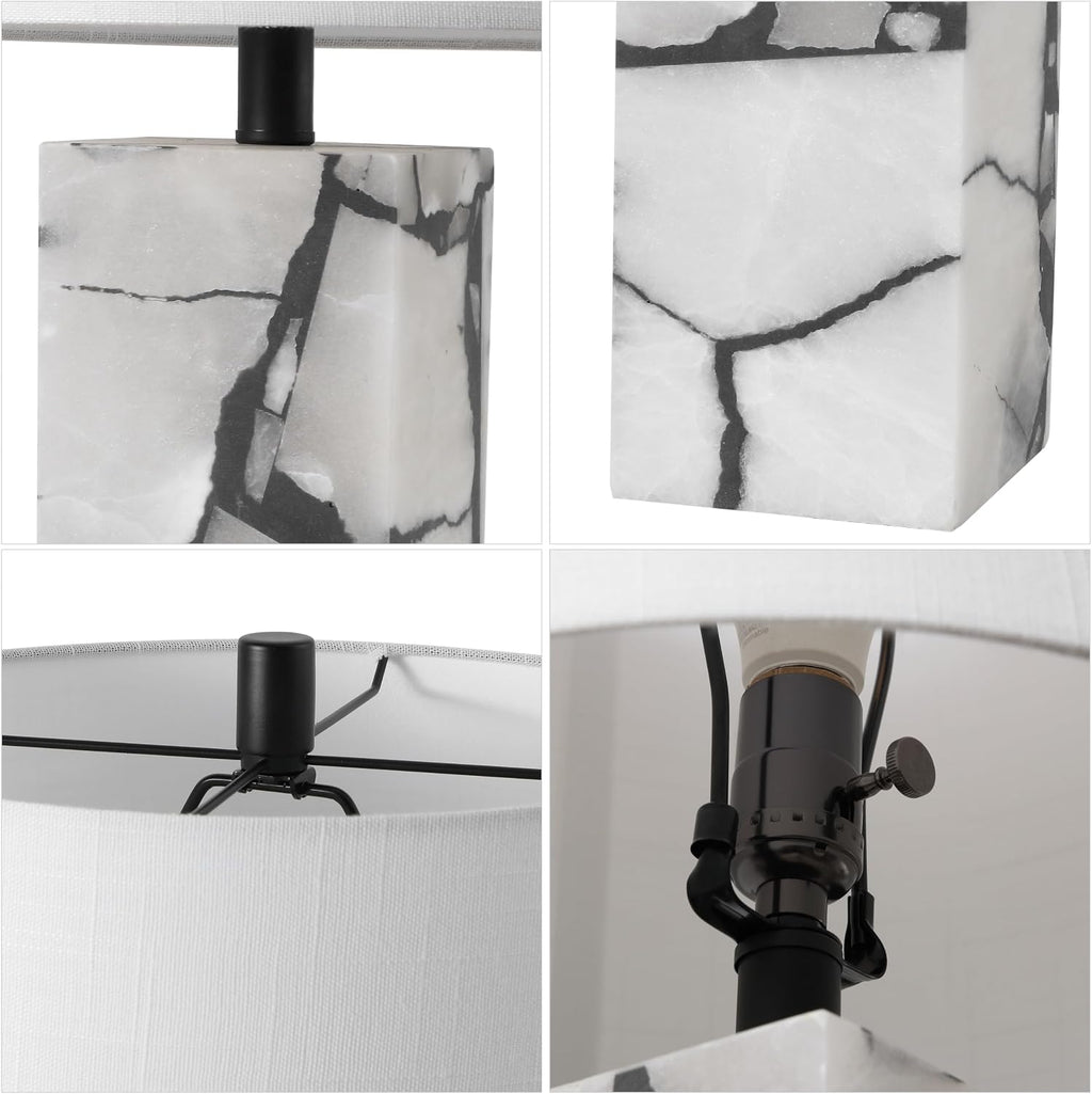 JONATHAN Y 24.25' Black/White Modern Alabaster LED Table Lamp for Home Decor, White Linen Shade, Coastal Nightstand Lamp with Built-in Base Accent Light (JYL8507A)