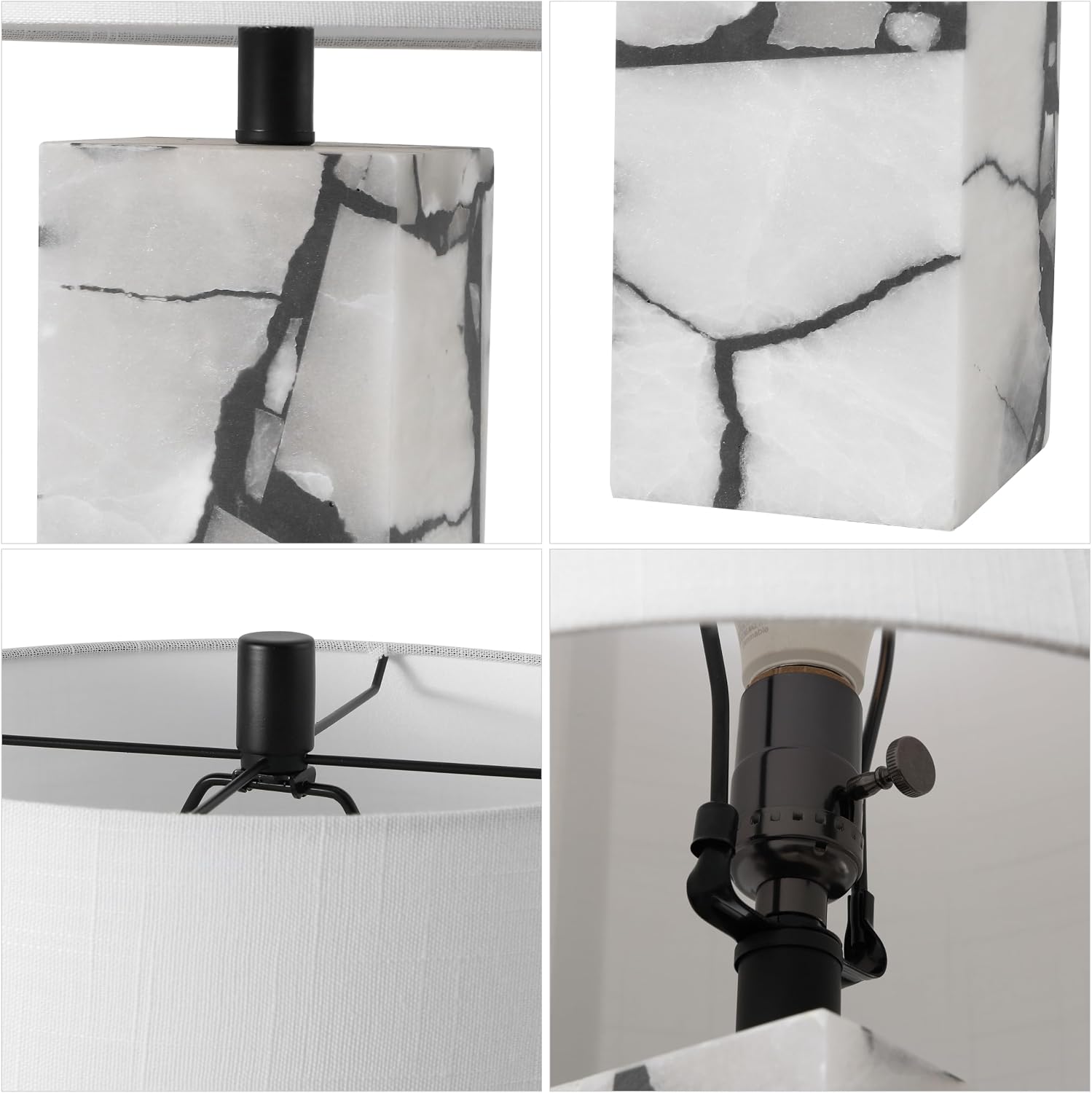 JONATHAN Y 24.25' Black/White Modern Alabaster LED Table Lamp for Home Decor, White Linen Shade, Coastal Nightstand Lamp with Built-in Base Accent Light (JYL8507A)