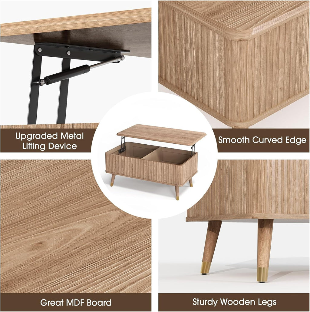 Lift Top Coffee Table with Storage, Mid Century Modern Coffee Table with Solid Wood Legs, 38' Minimalist Fluted Center Table for Living Room, Home Office, Natural Oak