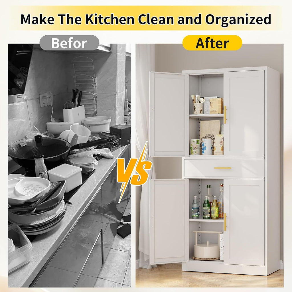 Metal Kitchen Pantry Cabinet, 71'Tall Cabinet with 1 Drawer, Doors and 2 Adjustable Shelves, Pantry Cabinets for Kitchen Storage, Metal Storage Cabinet for Kitchen, Dining Room, Living Room- White