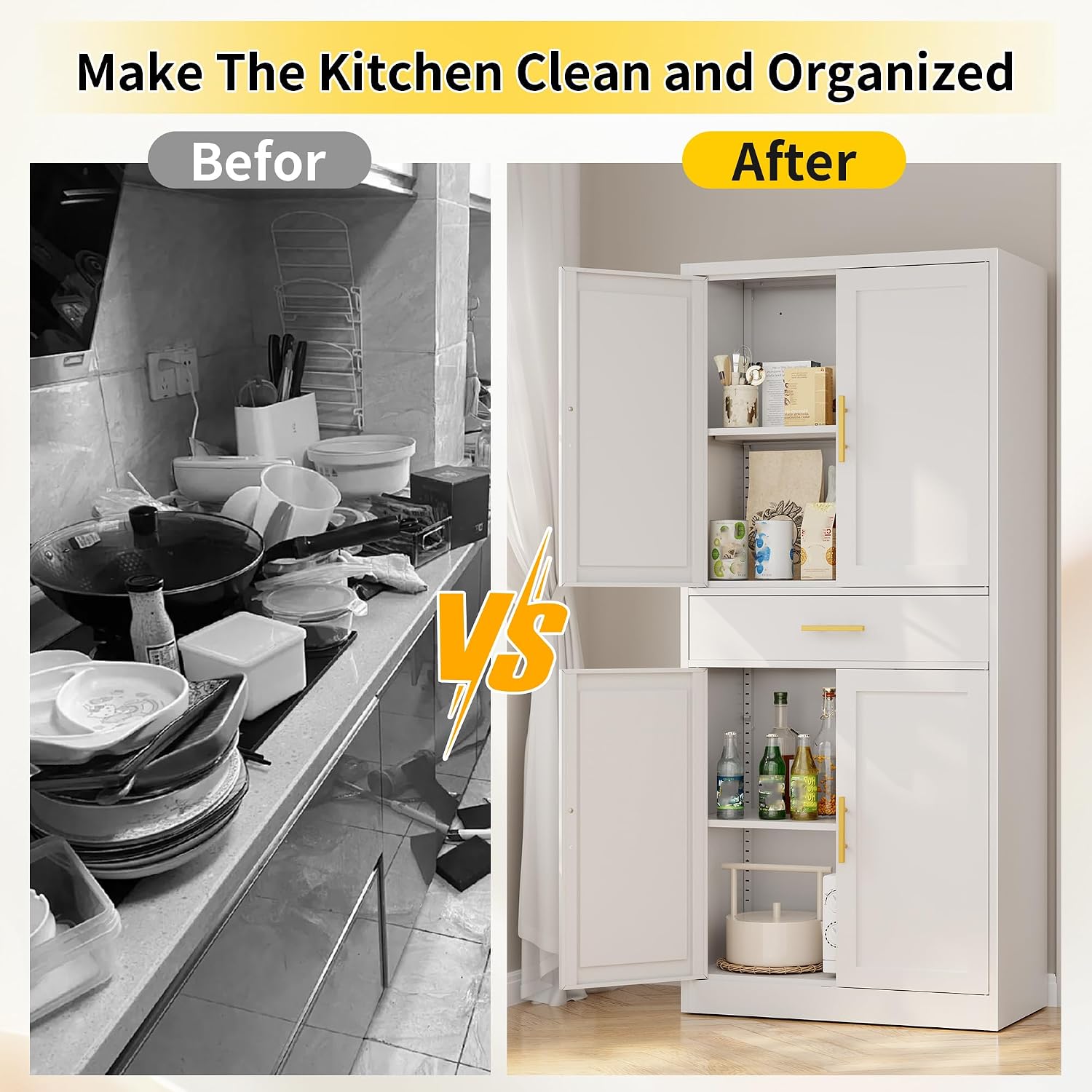 Metal Kitchen Pantry Cabinet, 71'Tall Cabinet with 1 Drawer, Doors and 2 Adjustable Shelves, Pantry Cabinets for Kitchen Storage, Metal Storage Cabinet for Kitchen, Dining Room, Living Room- White