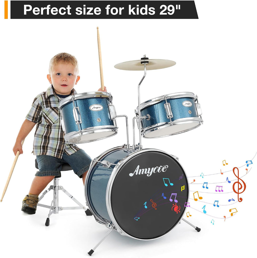 3-Piece Junior Drum Set, 14' Blue Complete Kids Drum Kit with Bass Drum, Snare, Tom, Cymbal, Throne & Sticks, for Ages 3-8 Beginners (Blue)