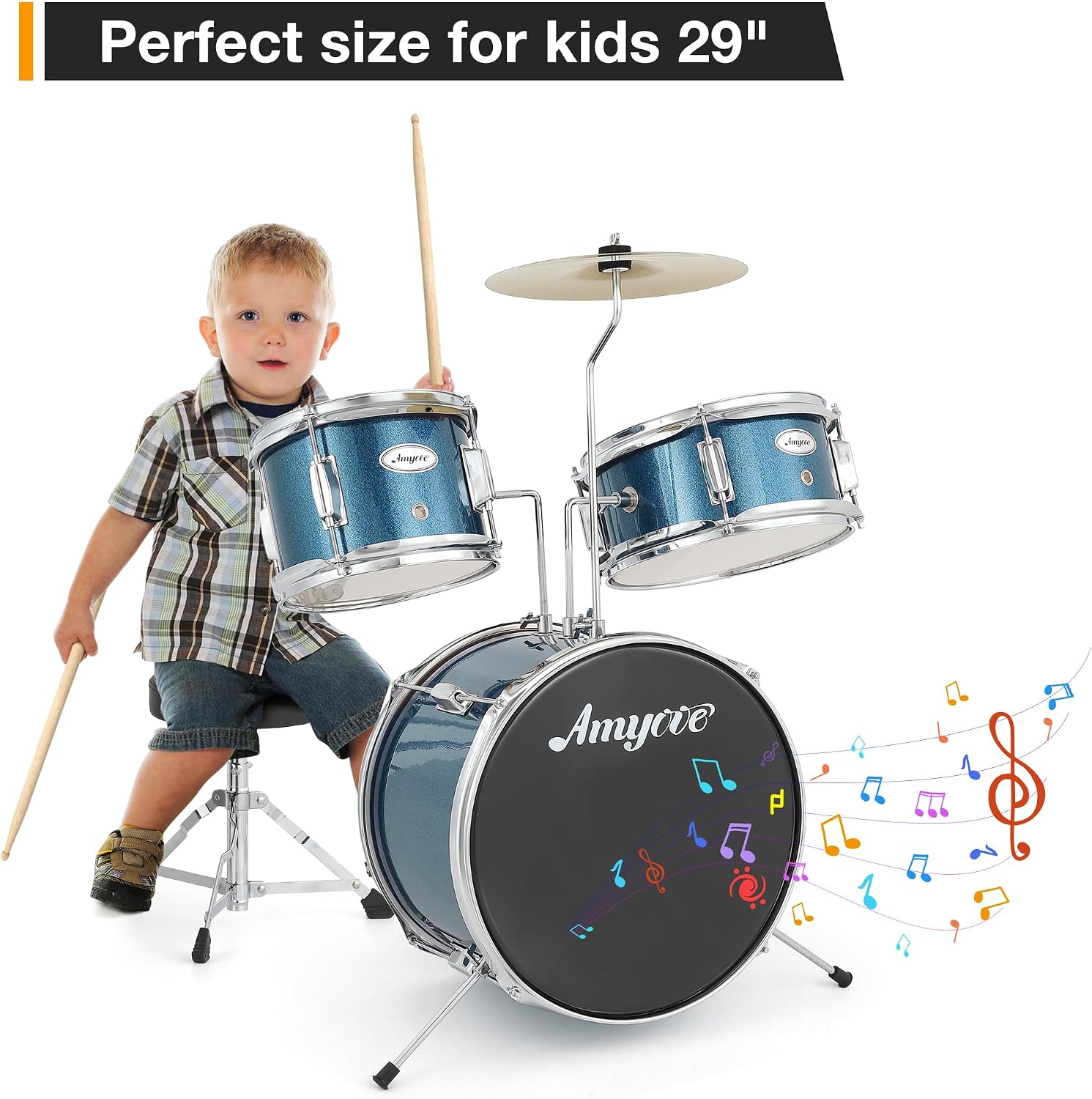 3-Piece Junior Drum Set, 14' Blue Complete Kids Drum Kit with Bass Drum, Snare, Tom, Cymbal, Throne & Sticks, for Ages 3-8 Beginners (Blue)
