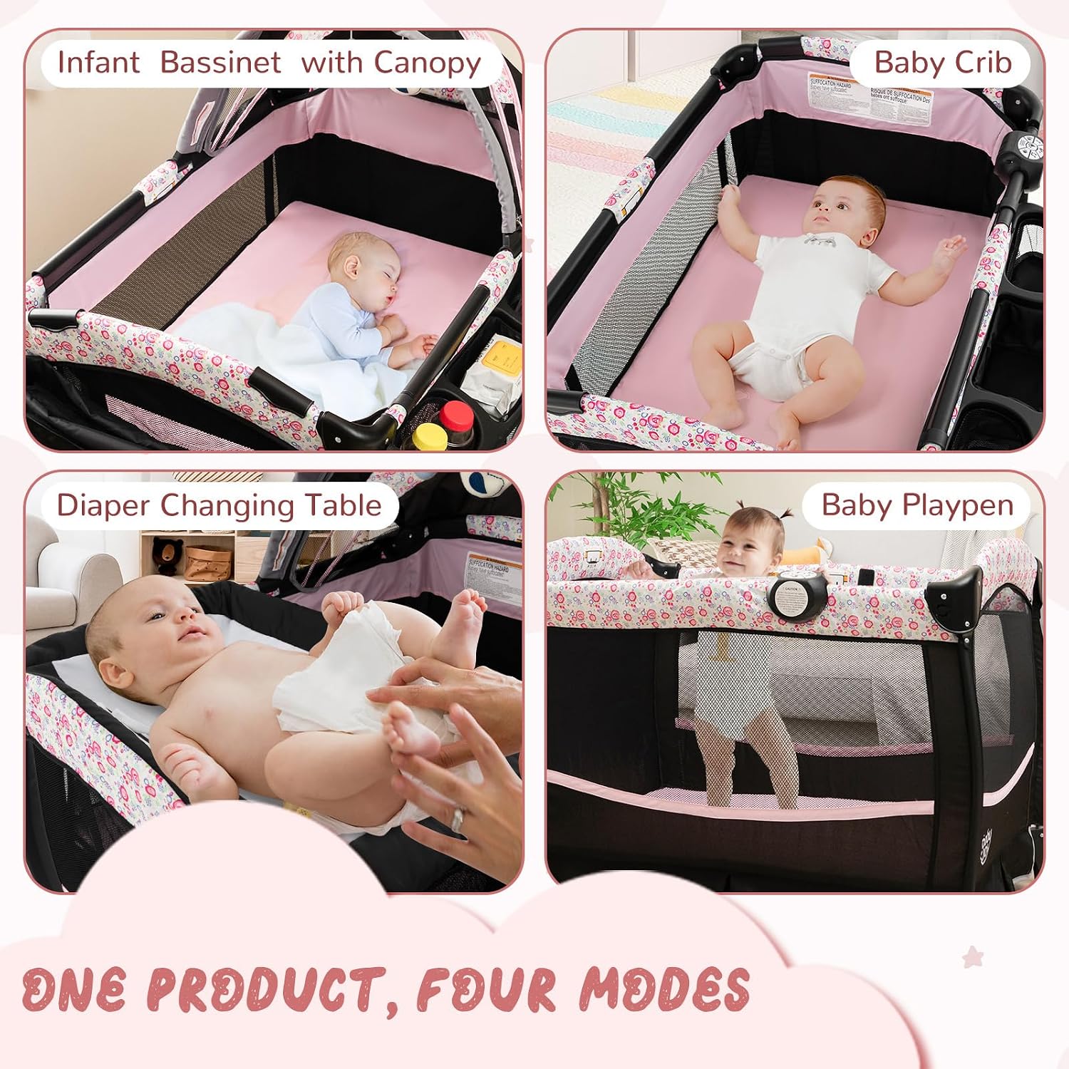 HONEY JOY Pack and Play, 4 in 1 Portable Baby Crib Playpen w/Bassinet, Changing Table, Canopy, Mattress, Music Box, Storage Bag, Foldable Pack and Play for Infant Boys Girls