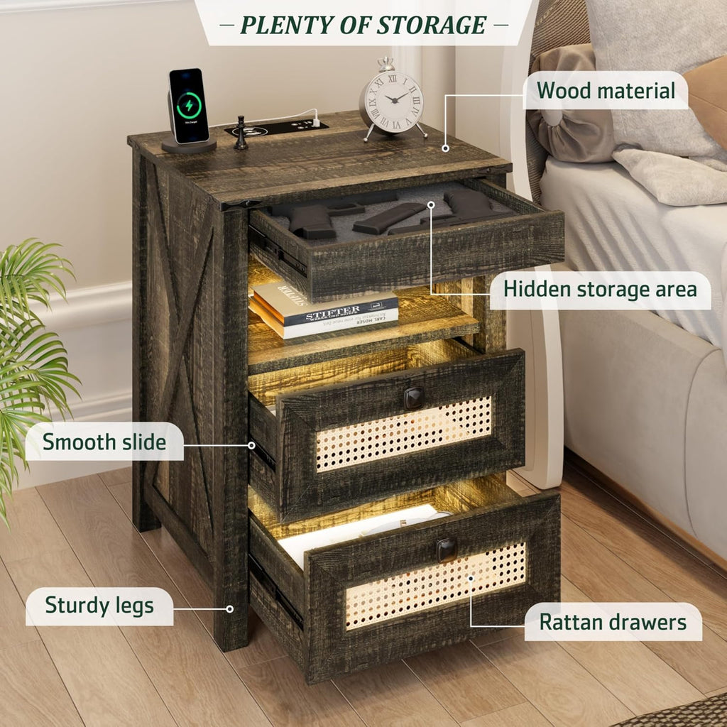 Night Stand Set 2 with Gun Drawer, Bedside Table with Charging Station, LED Nightstand with Human Sensor Light, Farmhouse End Table for Bedroom Living Room, Rustic