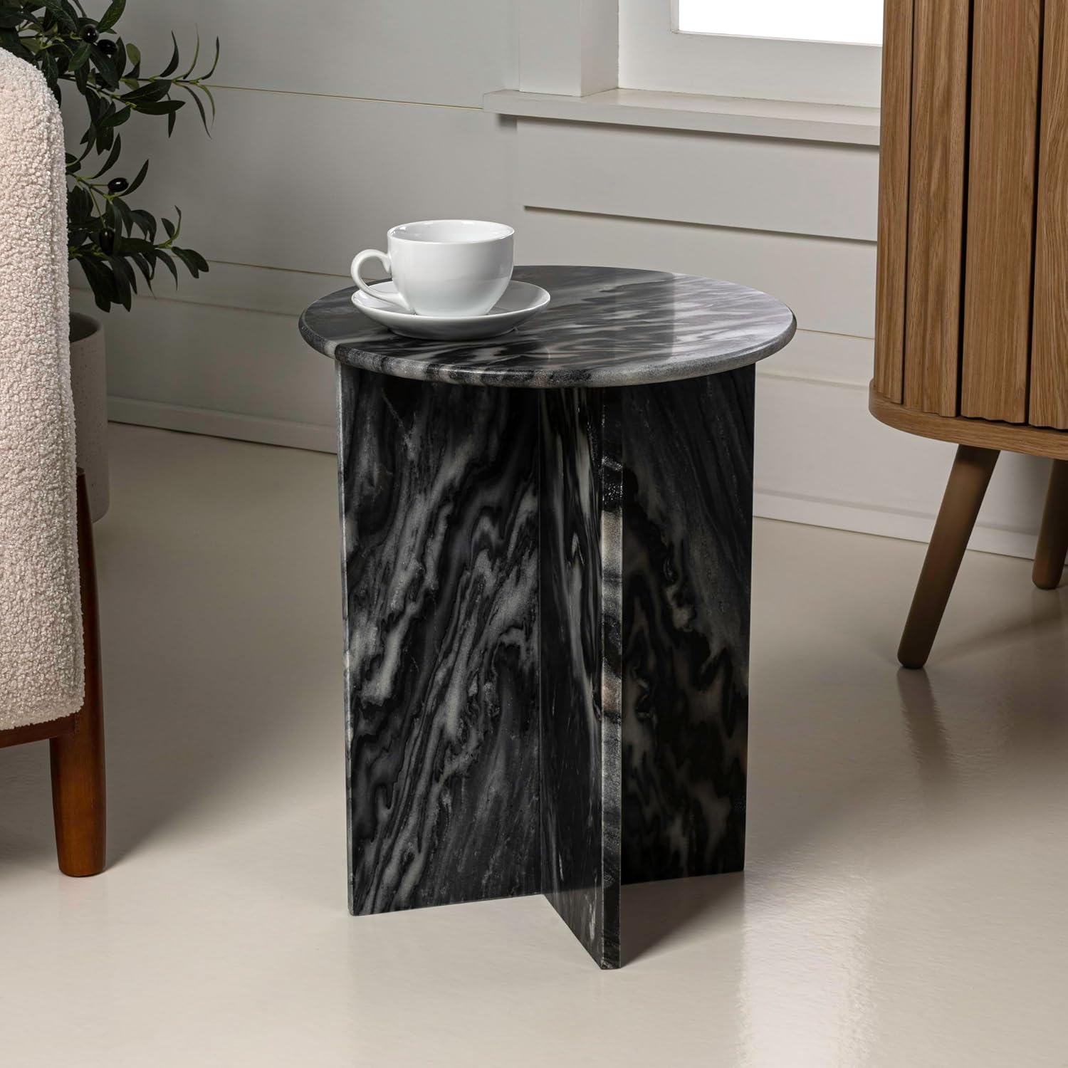 JONATHAN Y MTB1103B Javier 17.75' Contemporary Natural Marble Handmade X-Shaped End Table for Living Room, Bedroom, Bathroom, Black/Gray