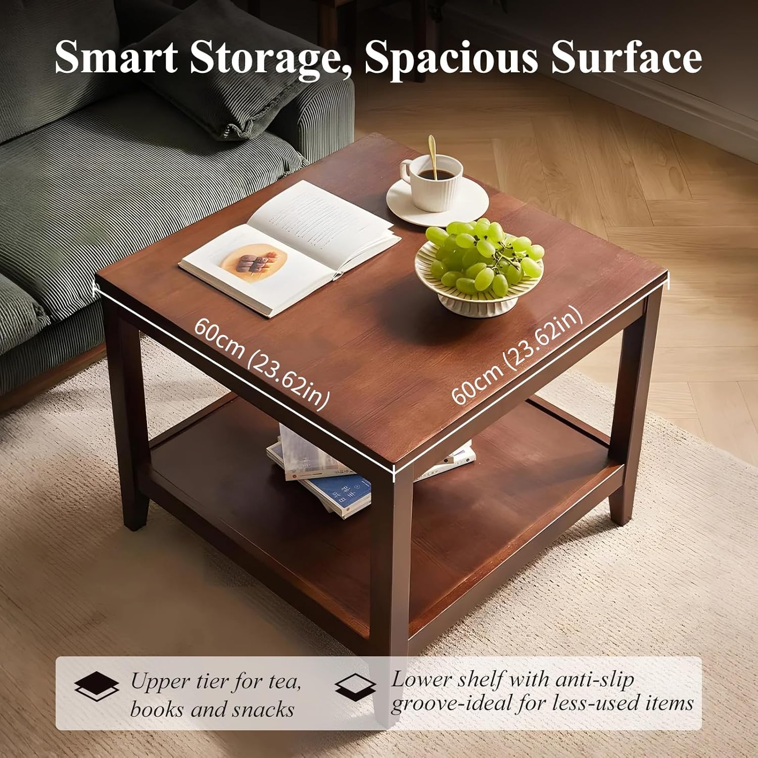 Side Table, Solid Wood Square End Table with Storage Shelf, 2-Tier Coffee Table for Living Room, Rubber Wood Small Sofa Table, Nightstand 23.62 H x 23.62 W x 23.62 D Inches (Walnut)