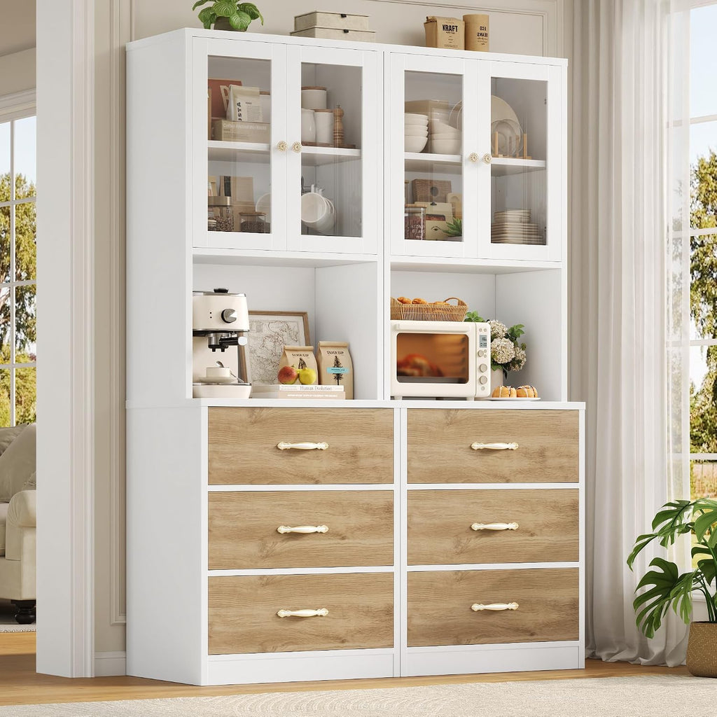 Keyluv 71' Tall Kitchen Pantry Storage Cabinet with Microwave Stand, Buffet Kitchen Hutch with Shelves and Drawers, Wood Coffee Bar Pantry Cabinet with Glass Doors, for Dining Room/Small Space, Khaki