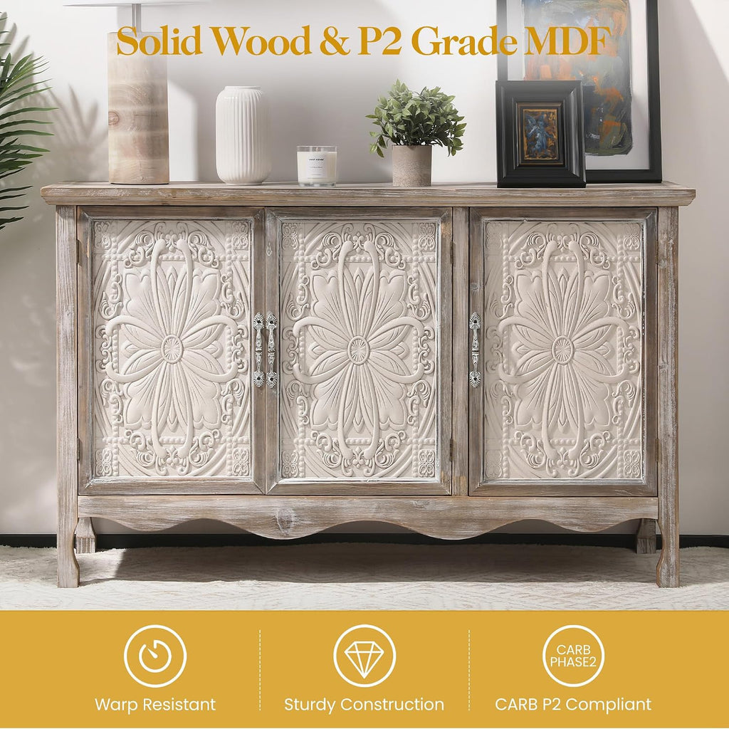 RoyalCraft Buffet Cabinet with Storage, Vintage Solid Wood Sideboard with 3 Carved Doors, Painted Coffee Bar Console Table for Dining Room, Living Room, Kitchen, Distressed Black