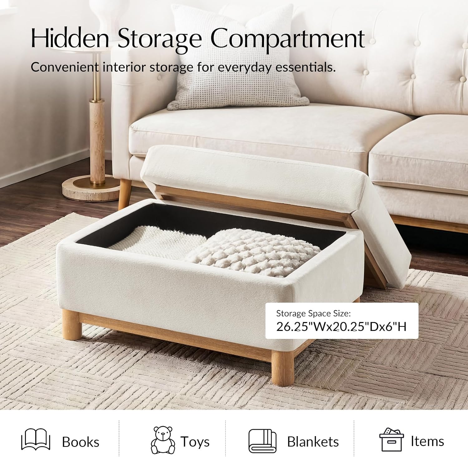 HULALA HOME 30.25' Ottoman Coffee Table with Reversible Tray Lid, Modern Upholstered Storage Ottoman with Solid Wood Base, Removable Top, Footrest and Extra Seating for Bedroom or Living Room, Ivory