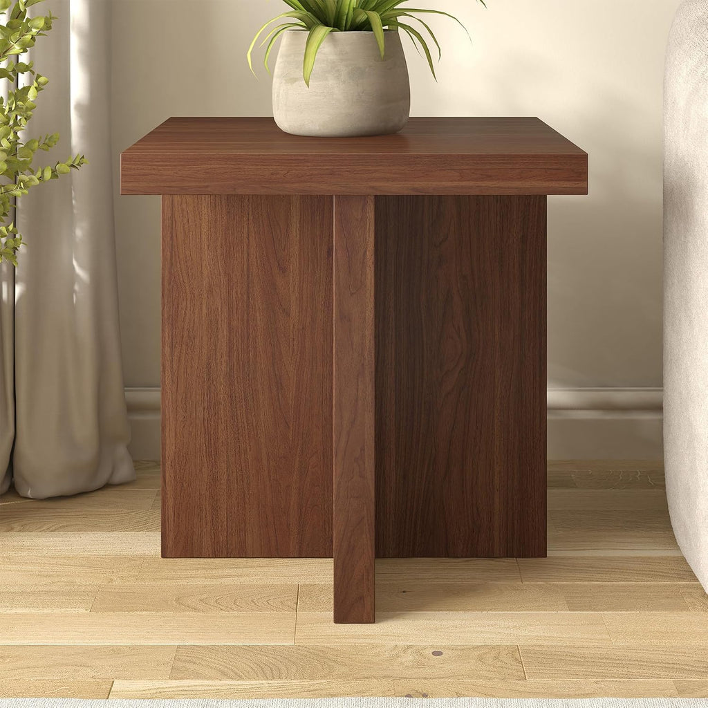 Henn&Hart 22' Scandinavian Wooden Square End Table, Side Table, Nightstand with X-Base for Living Room, Office, Family Room, or Bedroom, Medium Walnut