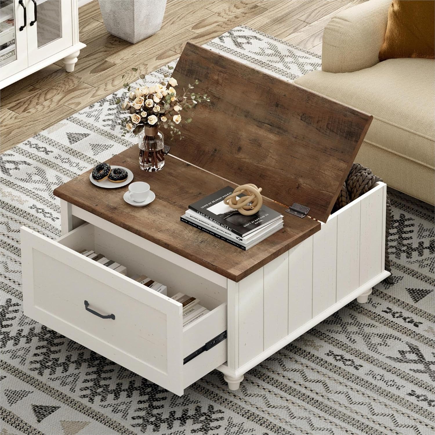 WAMPAT White Coffee Table with Lift Top & Drawer, Square Center Table with Hidden Storage Compartment, Farmhouse Wood Coffee Table for Living Room, 30 Inch