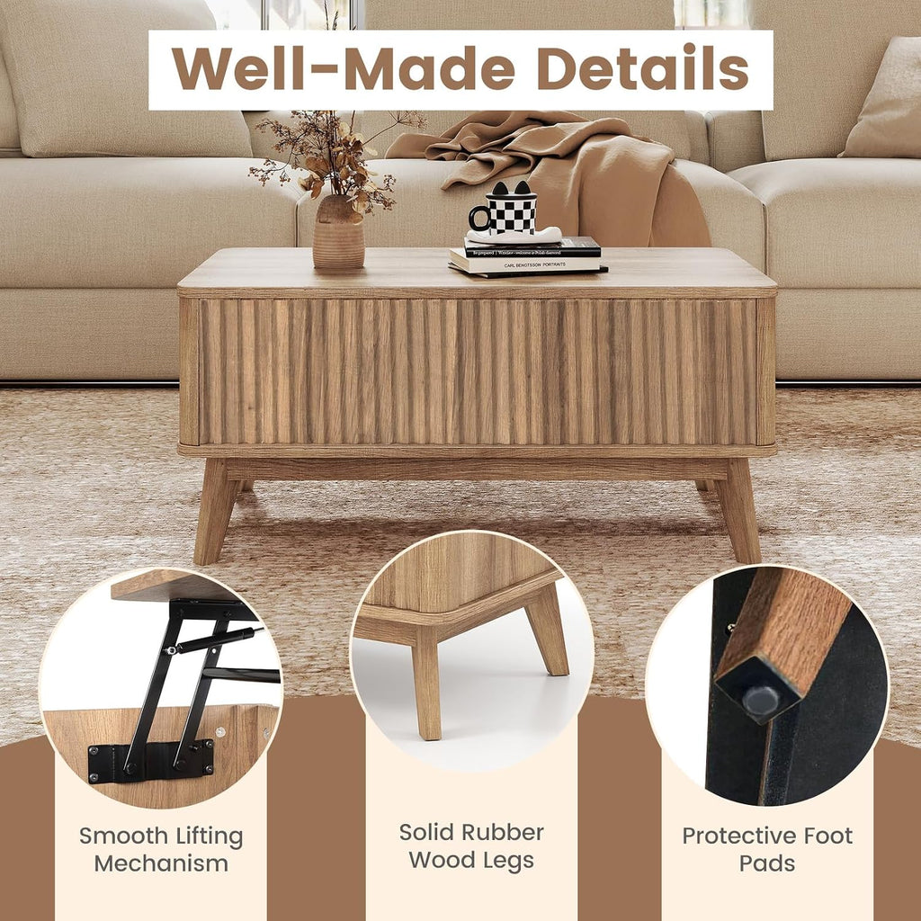 Giantex Lift Top Coffee Table with Storage, 35.5' Mid Century Modern Center Table with Solid Wood Leg & Hidden Compartment, Minimalist Fluted Living Room Table for Home Office, Oak