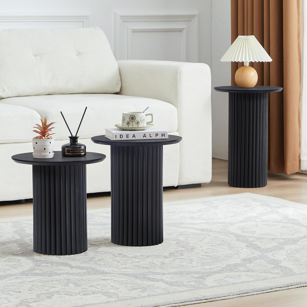 Bifins Round Nesting Coffee Table Set of 3,Mid Century Modern Fluted Coffee and End Table Set,Small Circle Wooden Side Table Drink Table for Living Room (Black)
