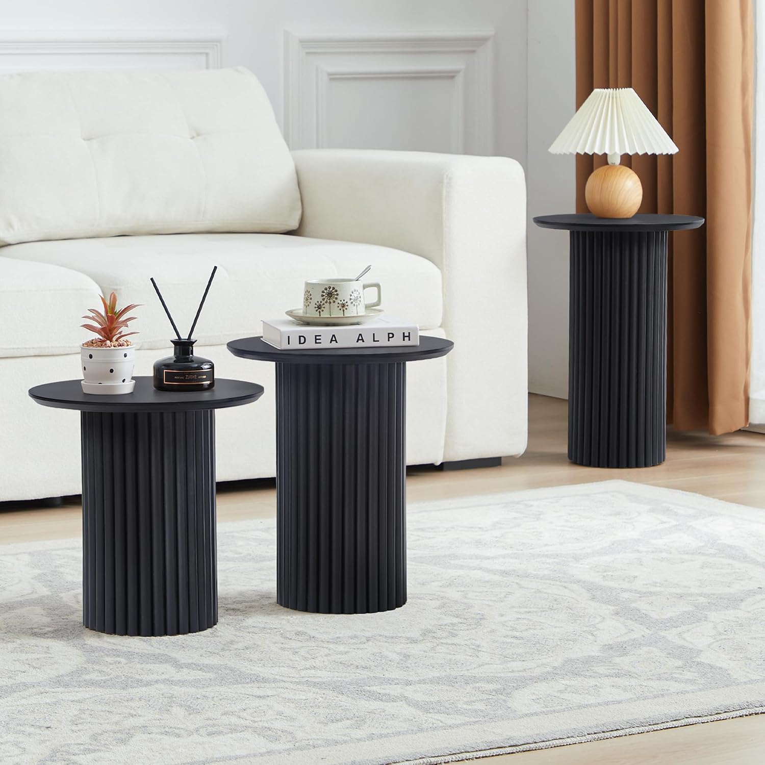 Bifins Round Nesting Coffee Table Set of 3,Mid Century Modern Fluted Coffee and End Table Set,Small Circle Wooden Side Table Drink Table for Living Room (Black)