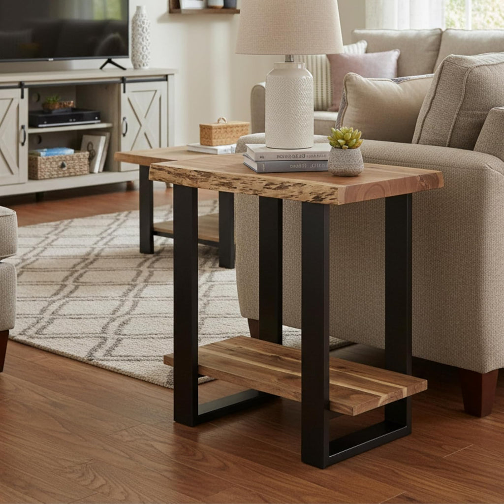 Alaterre Furniture Alpine Live Edge Modern End Table - 2-Tier Narrow Side Table with Open Storage Shelf - Solid Wood and Metal Modern Nightstands for Living Room or Bedroom (Natural)