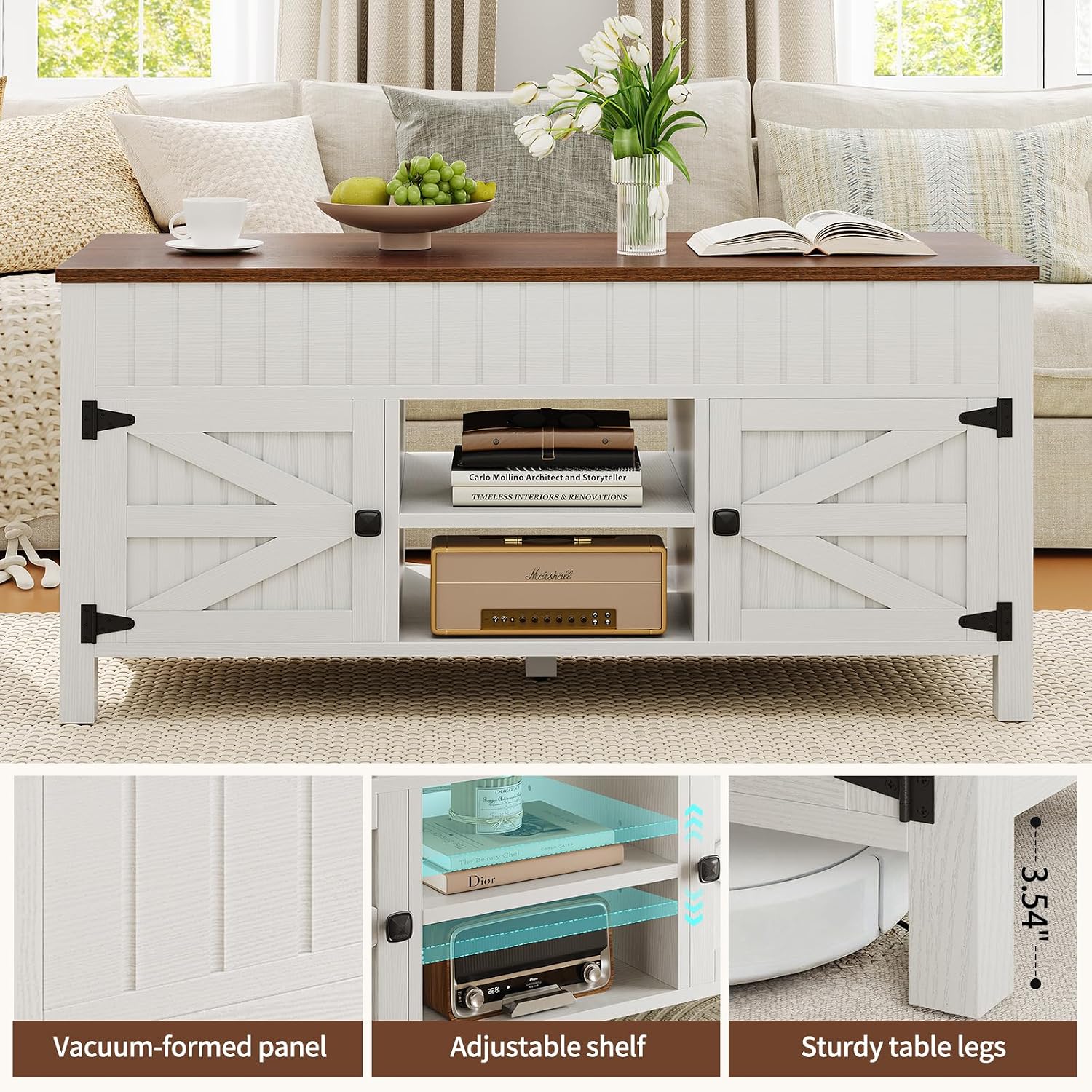 47.3' Lift Top Coffee Table with Storage - White Coffee Tables for Living Room, Farmhouse Wood Center Table, Large Rectangle Middle Tables with Hidden Compartment & Adjustable Shelf