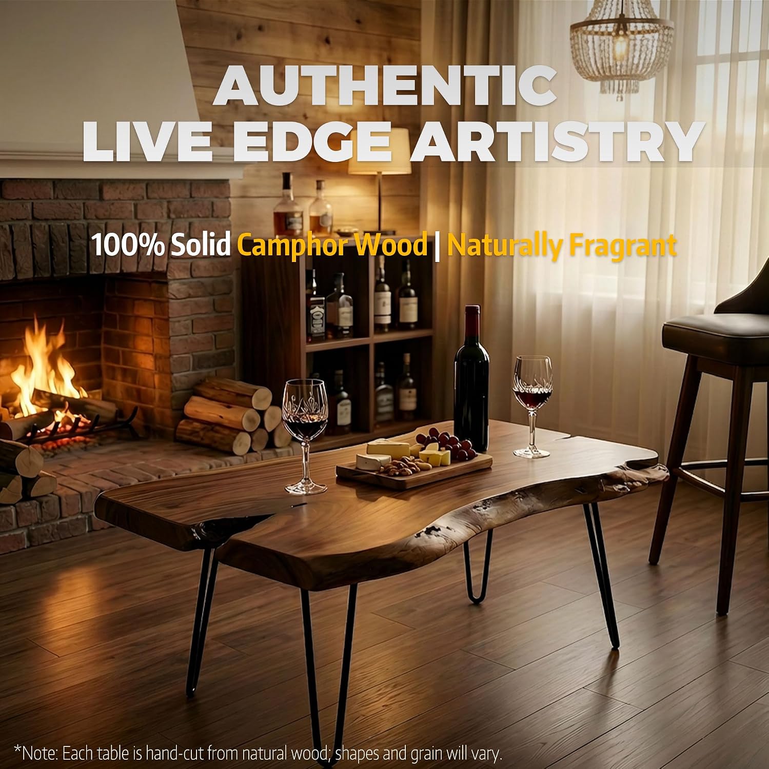 Live Edge Coffee Table, Large Natural Wood Coffee Table for Living Room, Unique Wooden Table with Easy Assembly & Solid Wood Construction