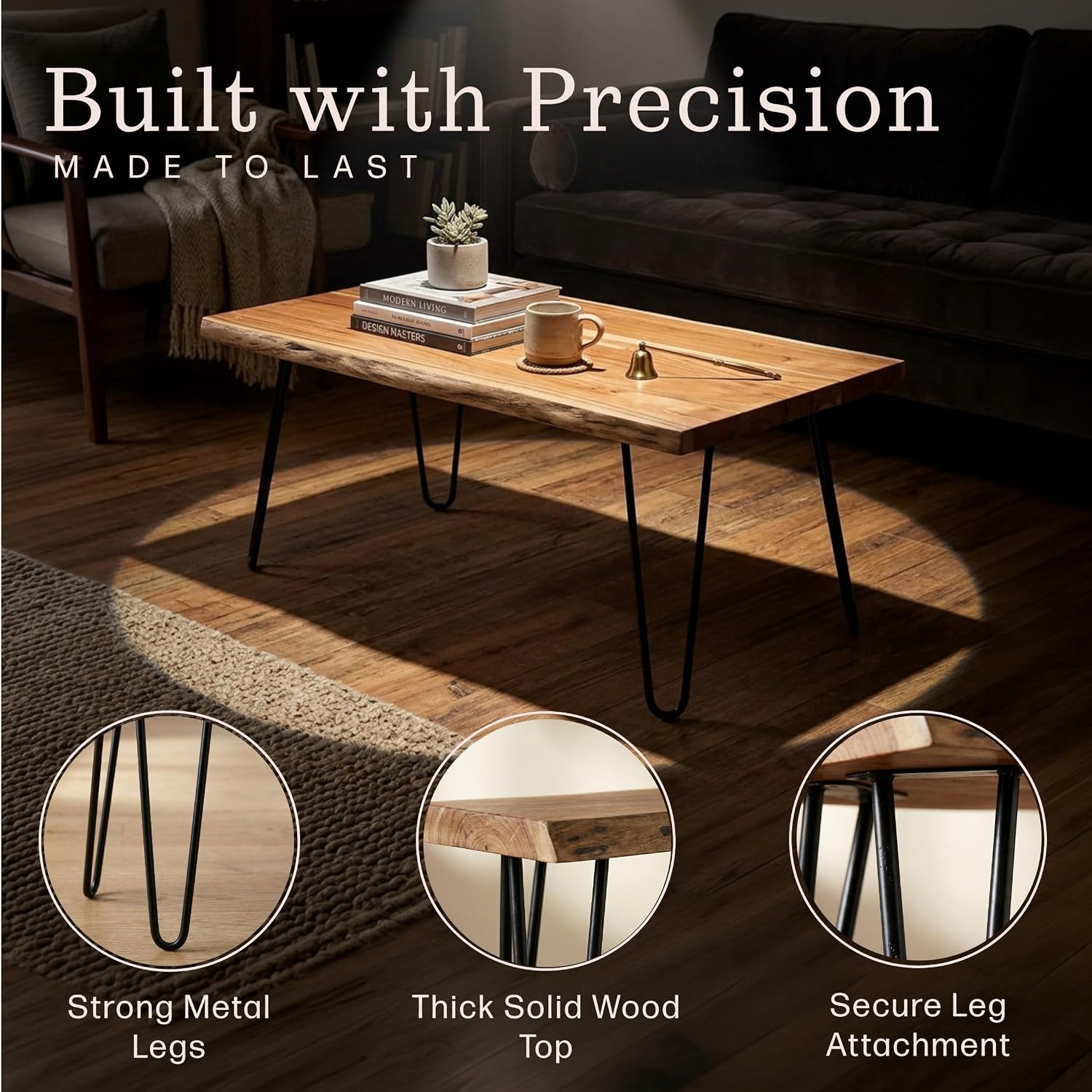 Alaterre Furniture Live Edge Wood Coffee Table with Hairpin Metal Legs – Rustic Modern Farmhouse Living Room Table with Acacia Wood Top (42 Inch)