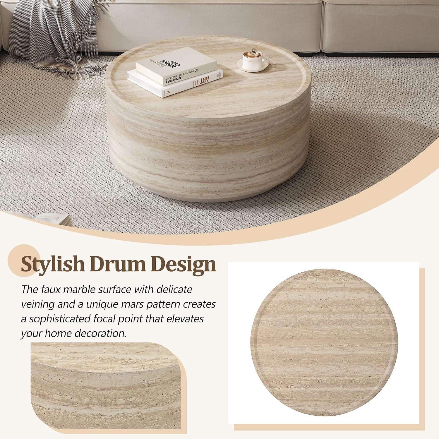 Merax 27.5' Round Coffee Table with Faux Luxury Marble Look, Drum Small Center Table with Strong Structure, Minimalist Mars Pattern End Table for Living Room, Bedroom, No Assembly Required, Beige