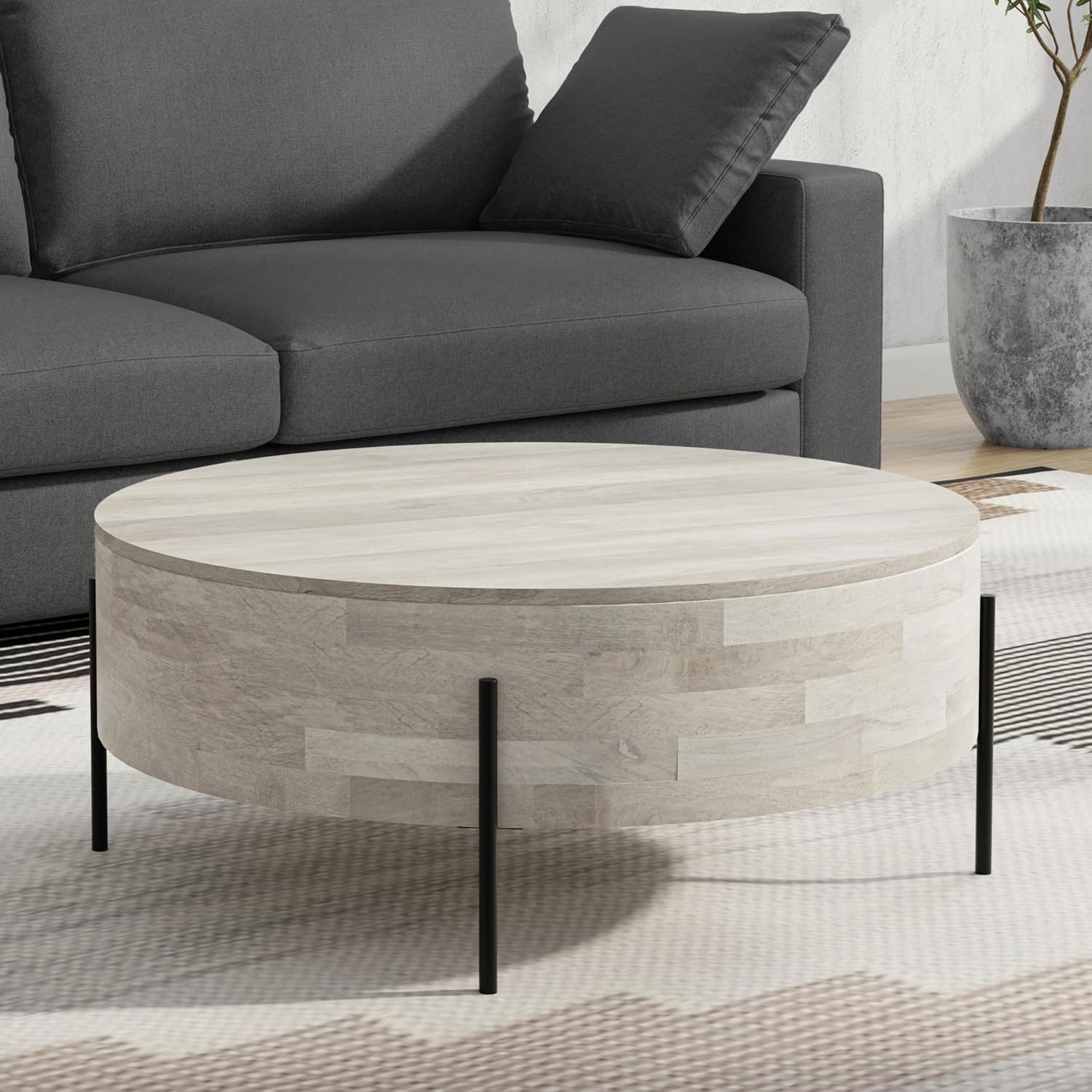 SIMPLIHOME Rayburn Drum Coffee Table - 38 inch Wide Solid Mango Wood Round Living Room Table in White Wash, Modern Urban Center Table for Family Room with Black Metal Legs and Large Surface