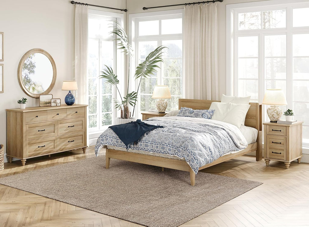 WAMPAT End Table Nightstand with Charging Station, Farmhouse Side Table for Living Room with 2 Drawers, Natural Wood Night Stand Bedside Table for Bedroom, Oak