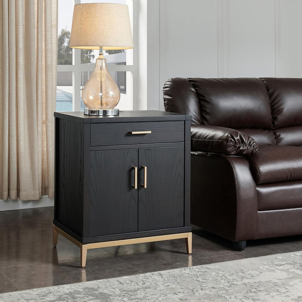Leick Home Julien Nightstand Side Table One Drawer and Lower Cabinet Modern – Fast Charging Station – Durable Solid Wood – Living Room, Bedroom, Office, Black with Gold Trim, 9079–BLKGD