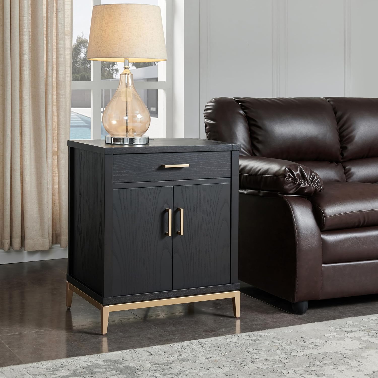Leick Home Julien Nightstand Side Table One Drawer and Lower Cabinet Modern – Fast Charging Station – Durable Solid Wood – Living Room, Bedroom, Office, Black with Gold Trim, 9079–BLKGD