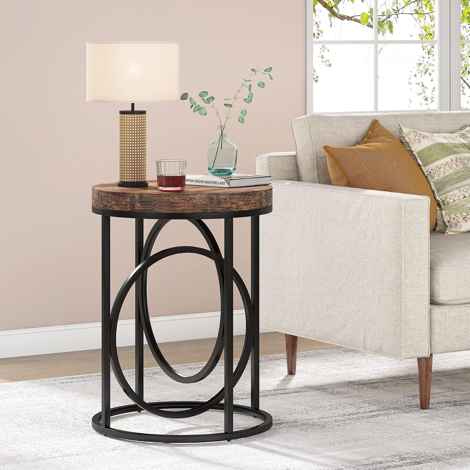 LITTLE TREE 20' Round End Table with Thick Wood Top，Modern Sofa Side Table with Gold O-Shaped Base, Midcentury Accent Table Cocktail Table Nightstand for Living Room Bedroom, 2PCS