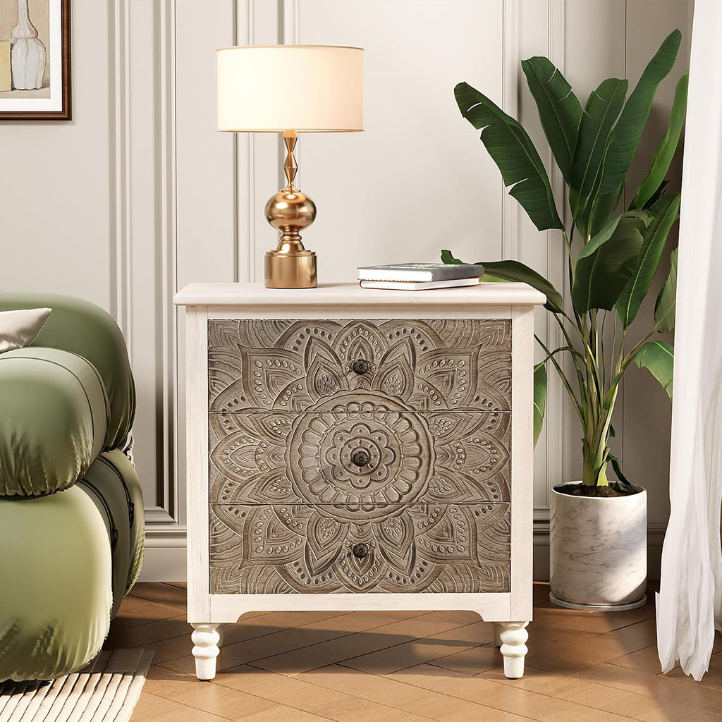 COSIEST 3 Drawers Nightstand, Accent Dresser, 29'' Tall Wood Vintage Small Accent Chest, Bedside Table,Bedroom Furniture for Home, Entryway (Lotus Pattern)