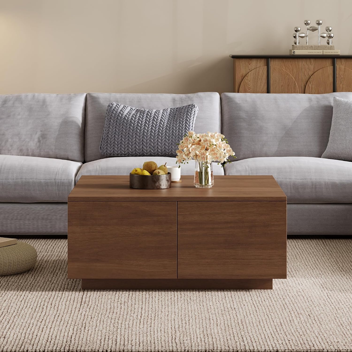 Merax Modern Wood Square Coffee Table with 4 Hidden Storage Drawers, 33.25' Minimalist Center Tables for Living Room, Easy Assembly, Walnut