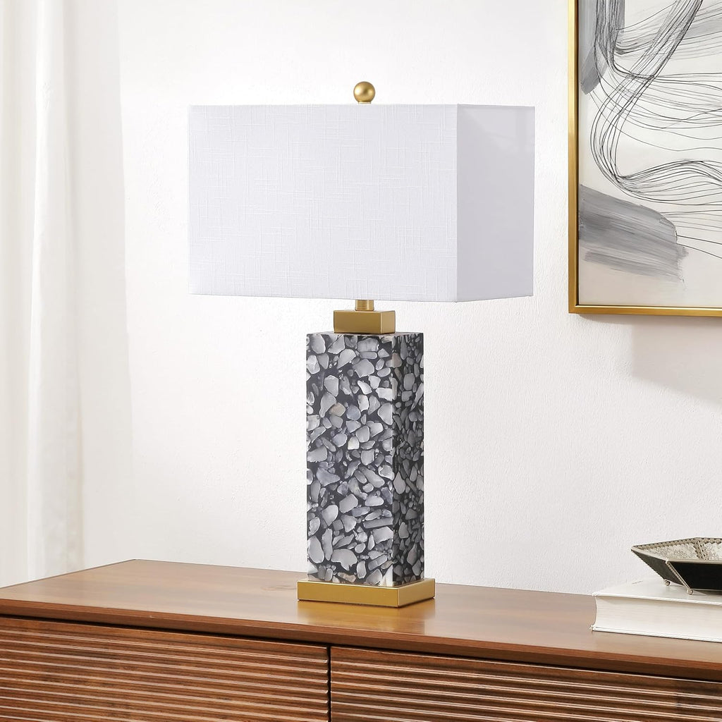JONATHAN Y 27.5' Black Alabaster Gold Rectangular Table Lamp with Night Light Contemporary Coastal Bedside Lamp for Bedroom with White Linen Shade LED Bulbs Included JYL6201C