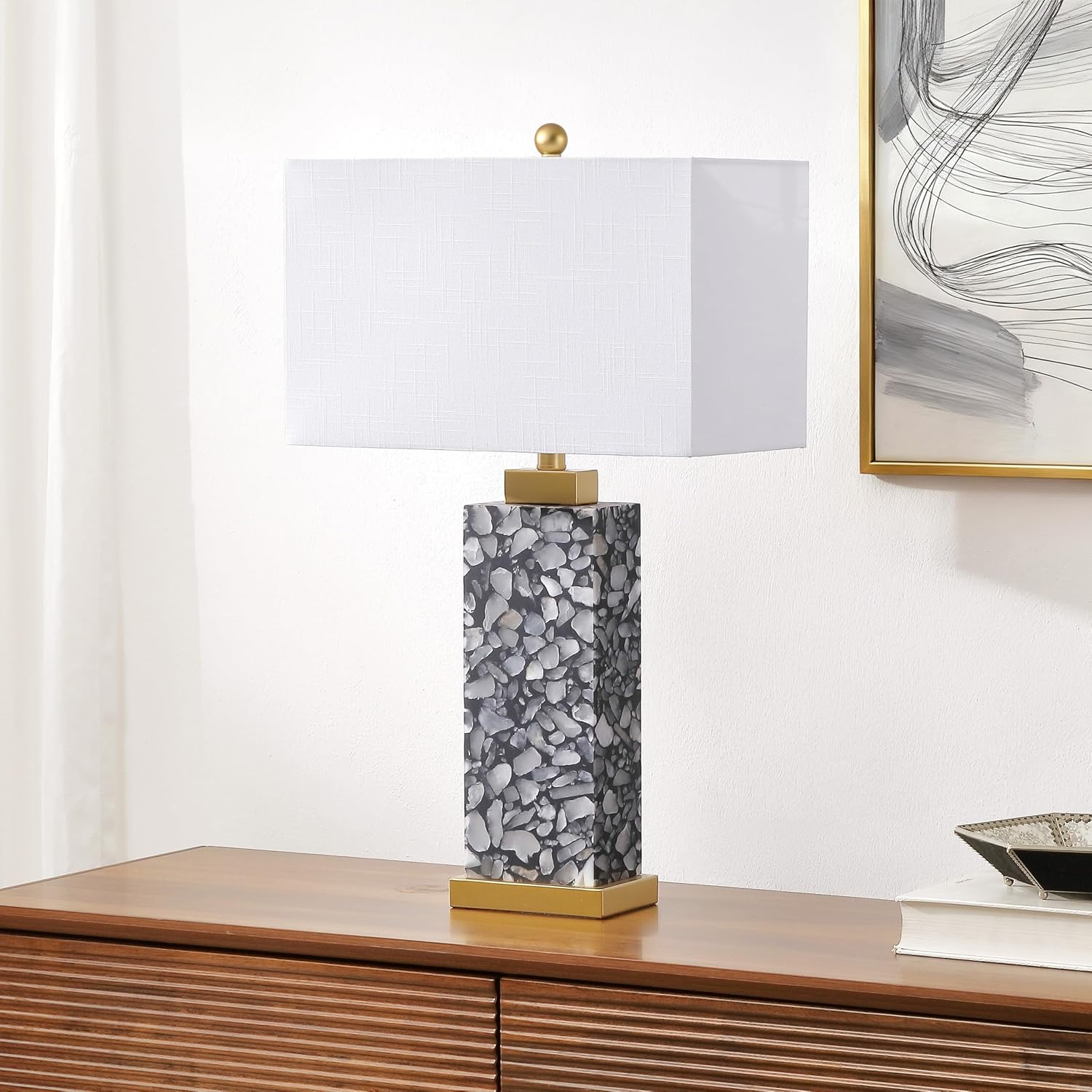 JONATHAN Y 27.5' Black Alabaster Gold Rectangular Table Lamp with Night Light Contemporary Coastal Bedside Lamp for Bedroom with White Linen Shade LED Bulbs Included JYL6201C