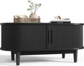 LINSY HOME Round Coffee Table, 31.5' Drum Coffee Table with Sliding Tambour Door, Fluted Accent Center Table with Storage, Mid Century Modern Coffee Table for Living Room (Oval Black)