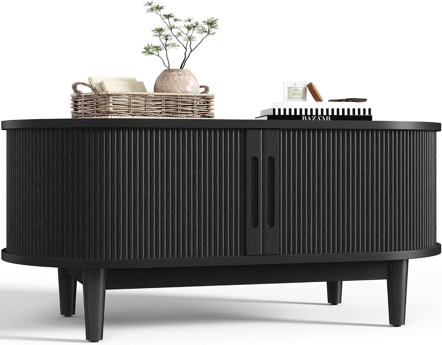 LINSY HOME Round Coffee Table, 31.5' Drum Coffee Table with Sliding Tambour Door, Fluted Accent Center Table with Storage, Mid Century Modern Coffee Table for Living Room (Oval Black)