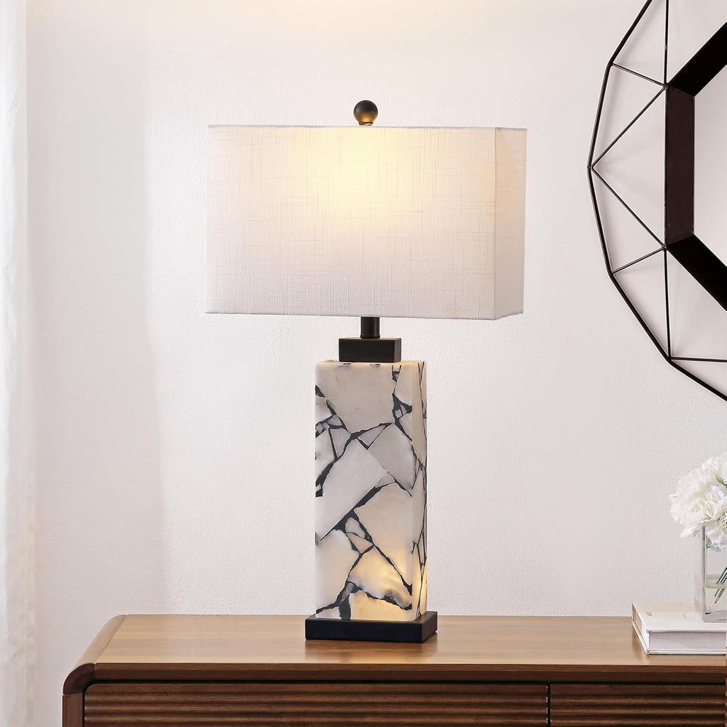 JONATHAN Y 27.5' Black White Alabaster Rectangular Table Lamp with Night Light Contemporary Coastal Bedside Lamp for Bedroom with White Linen Shade LED Bulbs Included JYL6201B