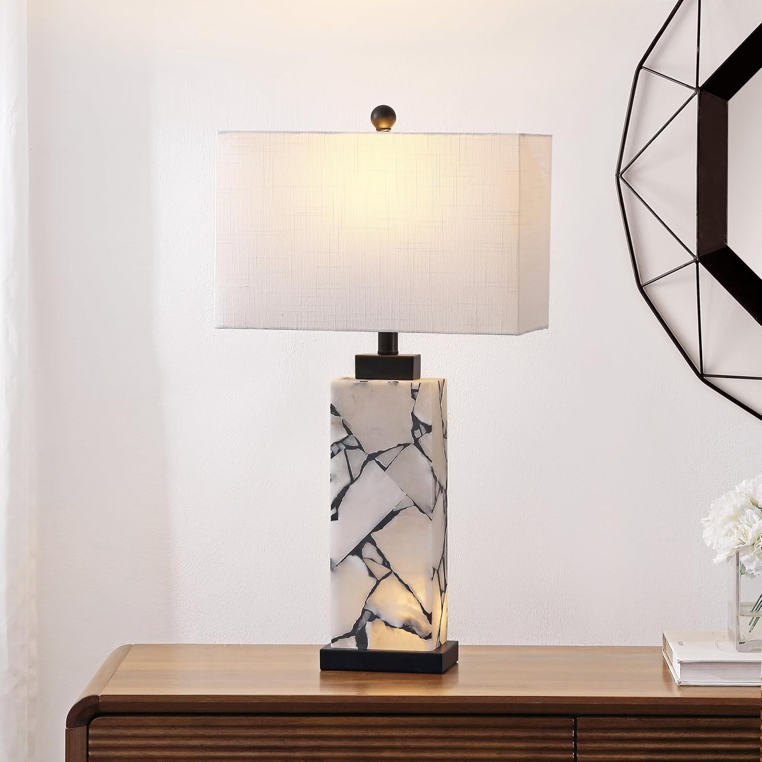 JONATHAN Y 27.5' Black White Alabaster Rectangular Table Lamp with Night Light Contemporary Coastal Bedside Lamp for Bedroom with White Linen Shade LED Bulbs Included JYL6201B