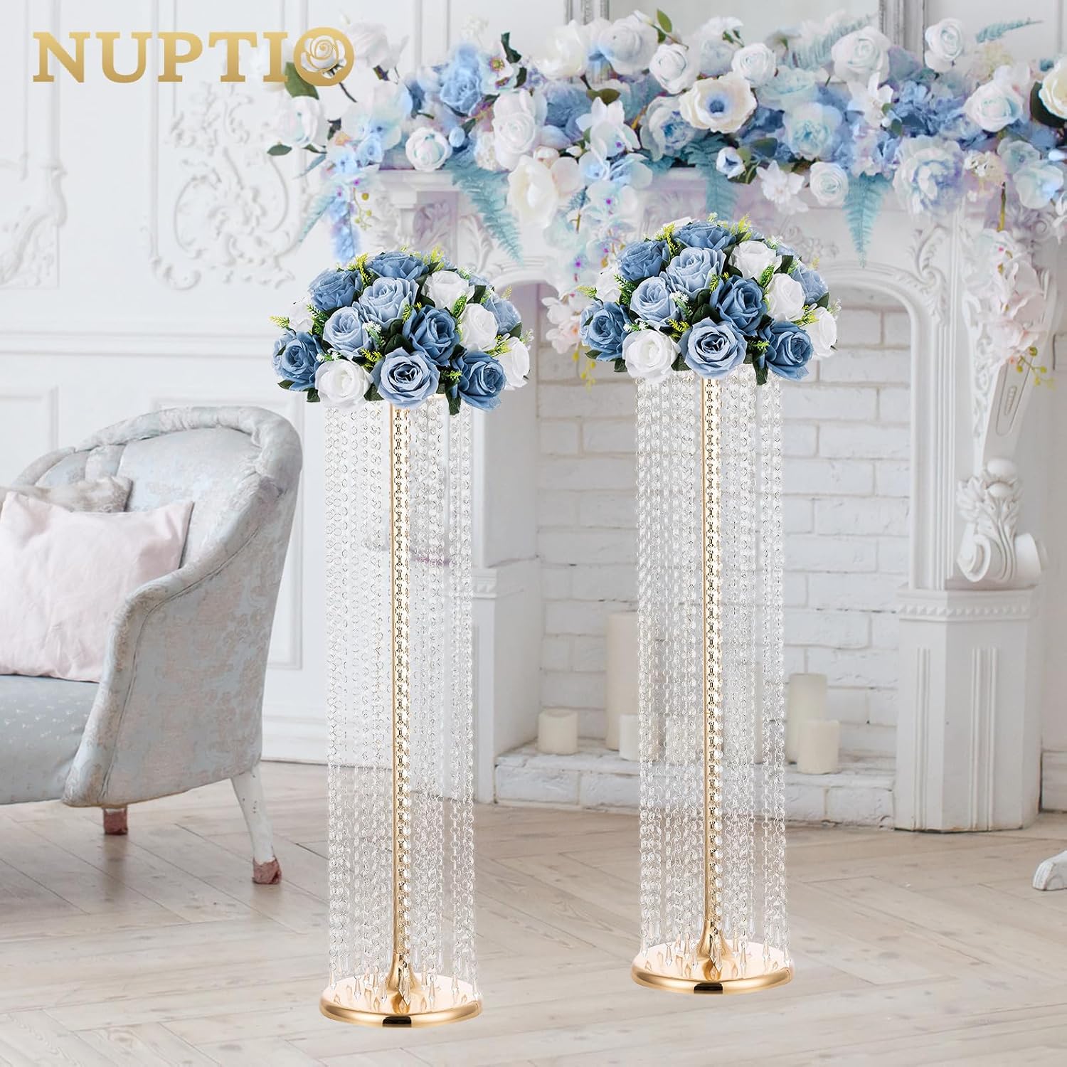 NUPTIO Artificial Flower Centrepieces for Tables - 10 Pcs Dusty聽Blue & White Fake Flowers Roses Balls 13.8in Diameter - Silk Faux Rose Arrangement for Wedding Party Centerpiece Table Decorations