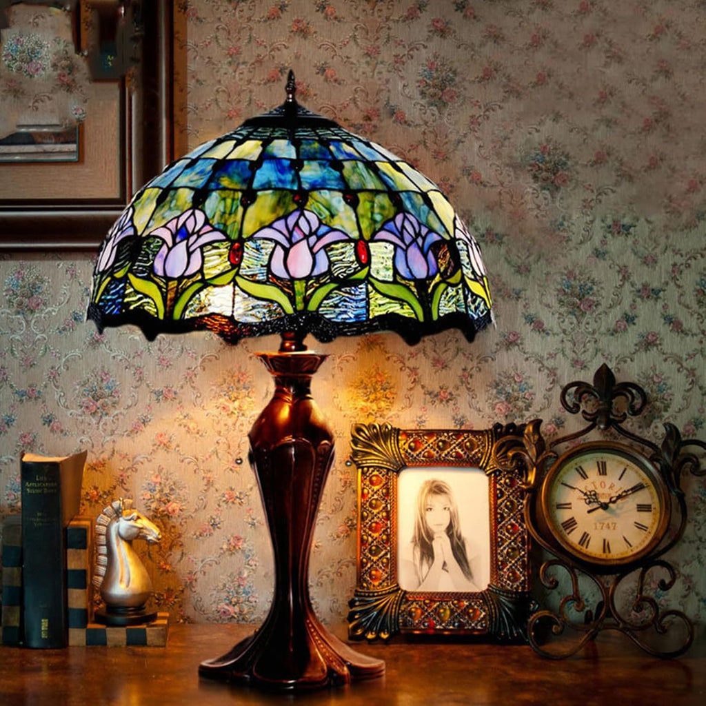 16 Inch Tulip Lampshade Replacement Tiffany Lamp Shade, Handmade Blue Tulip Stained Glass Lampshade Only for Floor Lights Table Lamps Ceiling Pendant Hanging Light Chandelier