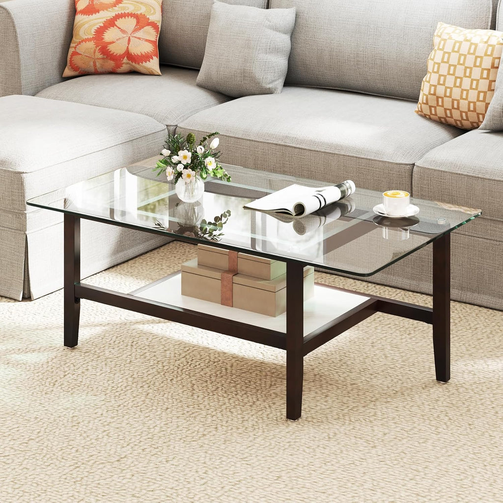 Giantex Glass Coffee Table, 42 Inch 2-Tier Rectangular Cocktail Table with Storage Shelf & Solid Rubber Wood Legs, Modern Center Table for Living Room, Home Office, Brown