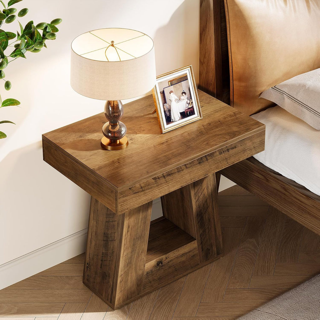Tribesigns 24' Modern Side Table, 2-Tier Narrow Wooden End Table with Trapezoid Base, Farmhouse Small Nightstand for Living Room, Bedroom (1, Brown)