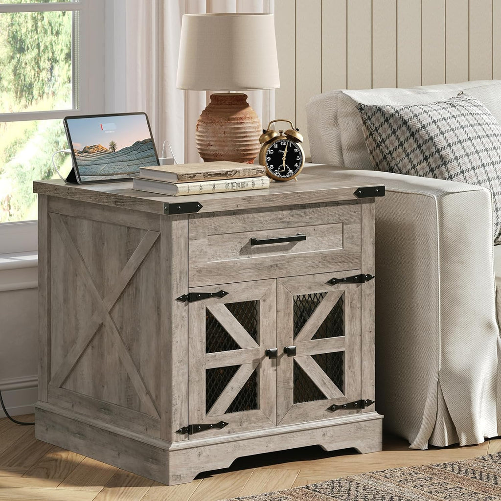 RALGEND Farmhouse End Table Set of 2, 24' Large Sofa Side Table with Drawer, Large End Table for Living Room, Wooden Nightstand with Charging Station, Square, Greige
